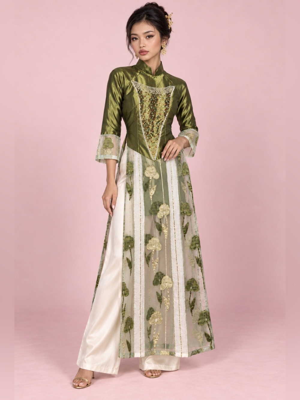 Olive Green Beaded Vietnamese Áo Dài Small